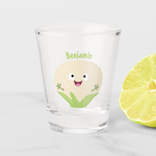 Cute happy cauliflower vegetable cartoon shot glass (Front)