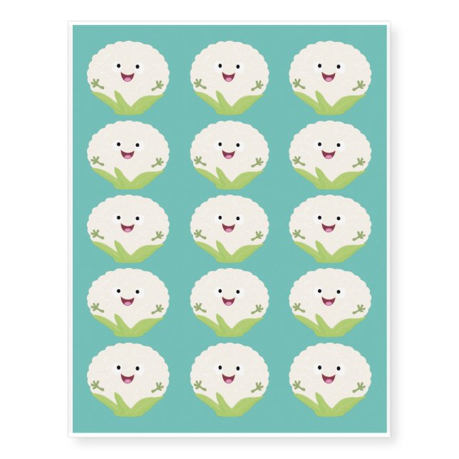 Cute happy cauliflower vegetable cartoon temporary tattoos (Front)