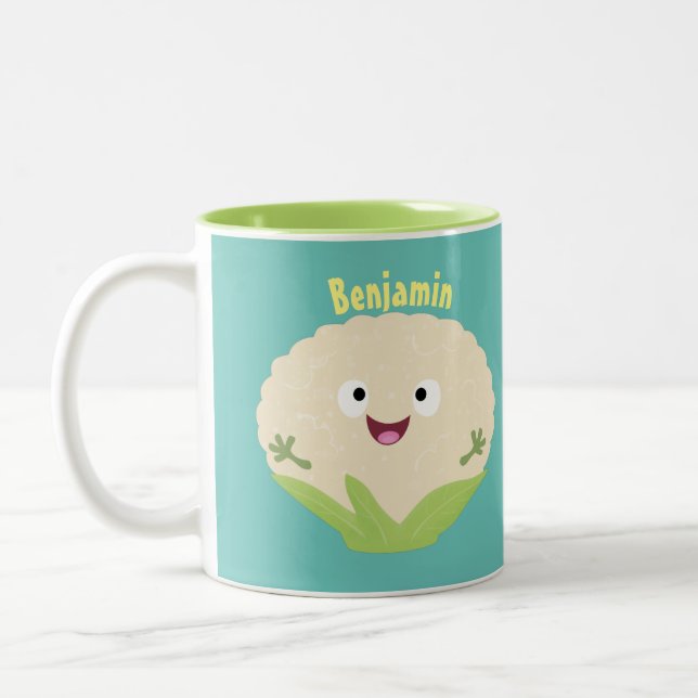 Cute happy cauliflower vegetable cartoon Two-Tone coffee mug (Left)