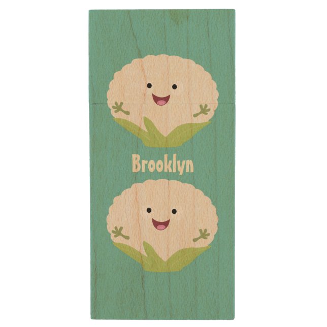 Cute happy cauliflower vegetable cartoon wood flash drive (Front Vertical)