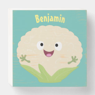 Cute happy cauliflower vegetable cartoon wooden box sign