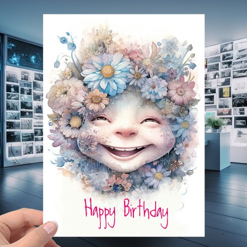 Cute Happy Cheerful Face with Flowers _ Birthday Card