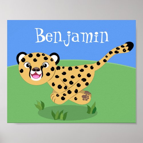 Cute happy cheetah running cartoon illustration poster
