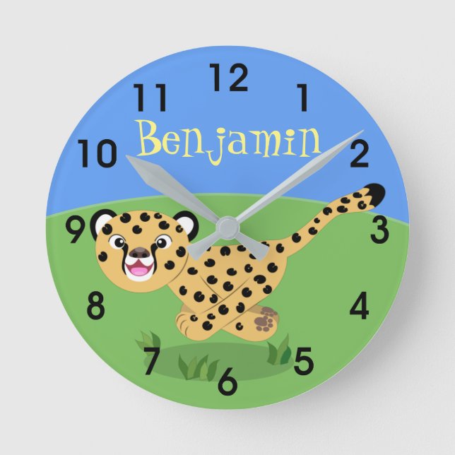 Cute happy cheetah running cartoon illustration round clock (Front)