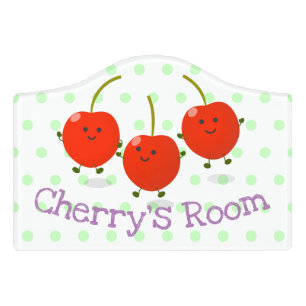 Cute happy cherries cartoon illustration door sign