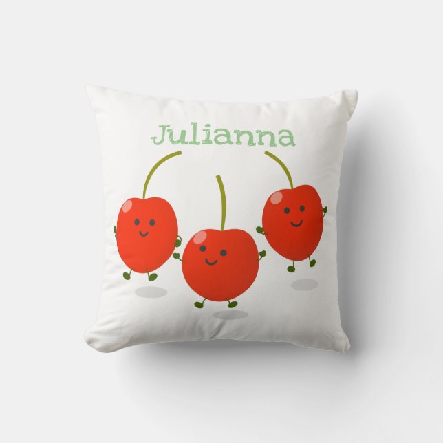 Cute happy cherries cartoon illustration throw pillow (Front)