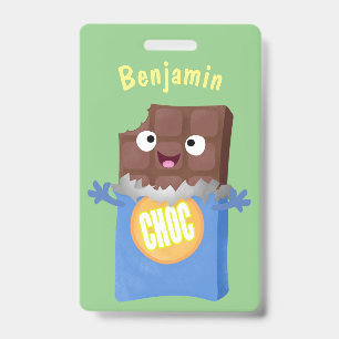 Cute happy chocolate candy bar cartoon character badge