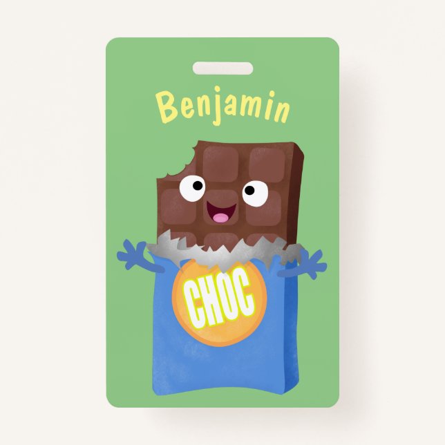Cute happy chocolate candy bar cartoon character badge (Front)