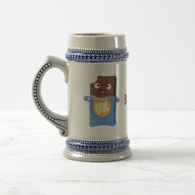 Cute happy chocolate candy bar cartoon character beer stein (Left)