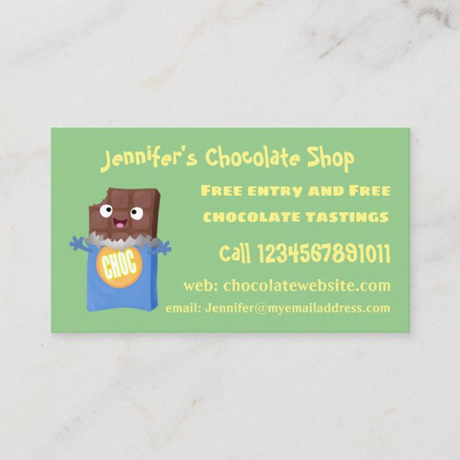 Cute happy chocolate candy bar cartoon character business card (Front)