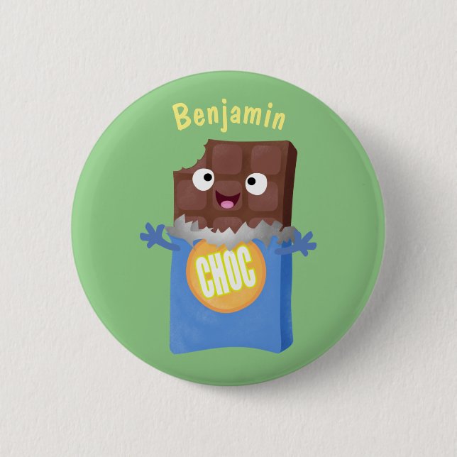 Cute happy chocolate candy bar cartoon character button (Front)