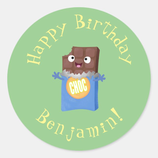Cute happy chocolate candy bar cartoon character classic round sticker (Front)