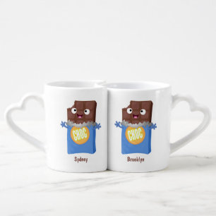 Cute happy chocolate candy bar cartoon character coffee mug set