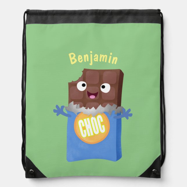 Cute happy chocolate candy bar cartoon character drawstring bag (Front)