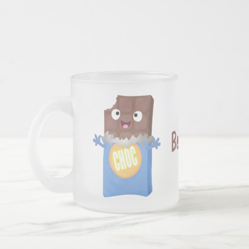 Cute happy chocolate candy bar cartoon character frosted glass coffee mug