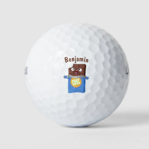 Cute happy chocolate candy bar cartoon character golf balls