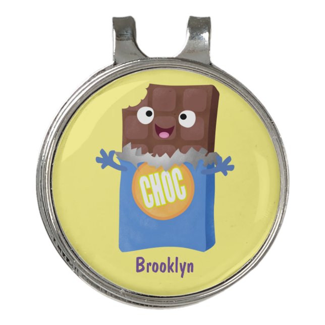 Cute happy chocolate candy bar cartoon character golf hat clip (Front)