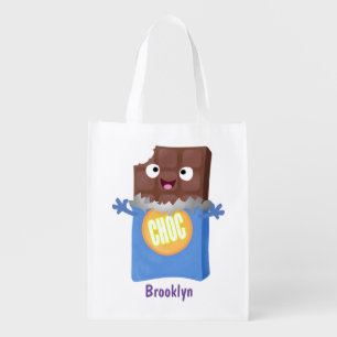 Cute happy chocolate candy bar cartoon character grocery bag