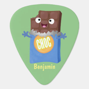 Cute happy chocolate candy bar cartoon character guitar pick