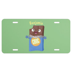 Cute happy chocolate candy bar cartoon character  license plate