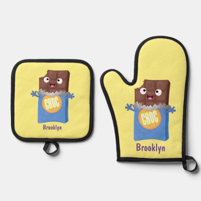 Cute happy chocolate candy bar cartoon character oven mitt & pot holder set (Front)