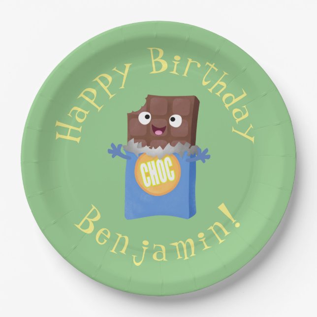 Cute happy chocolate candy bar cartoon character paper plates (Front)
