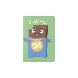Cute happy chocolate candy bar cartoon character passport holder