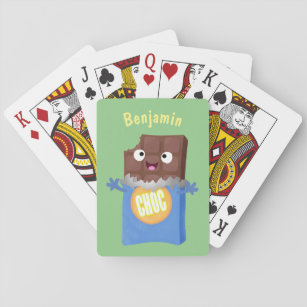 Cute happy chocolate candy bar cartoon character playing cards