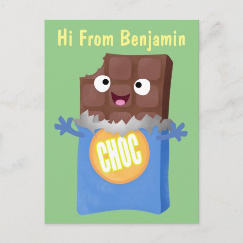 Cute happy chocolate candy bar cartoon character postcard