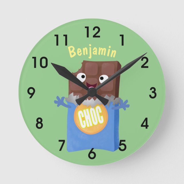 Cute happy chocolate candy bar cartoon character round clock (Front)