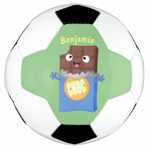 Cute happy chocolate candy bar cartoon character soccer ball