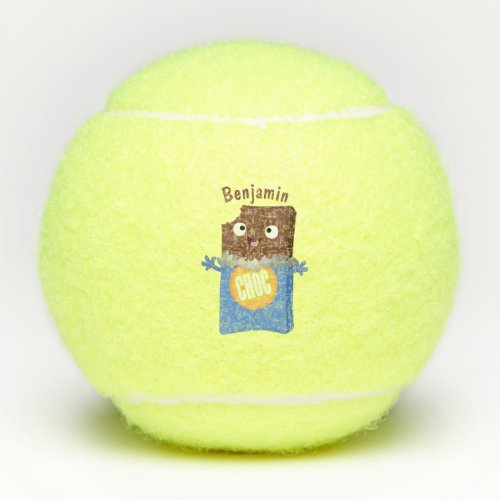 Cute happy chocolate candy bar cartoon character tennis balls