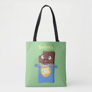 Cute happy chocolate candy bar cartoon character tote bag