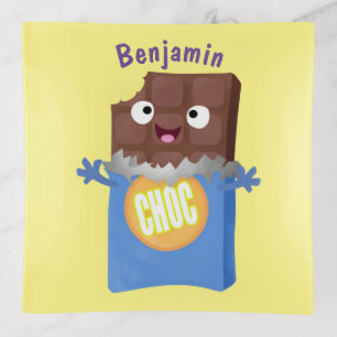 Cute happy chocolate candy bar cartoon character trinket tray