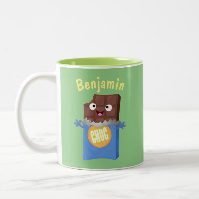 Cute happy chocolate candy bar cartoon character Two-Tone coffee mug (Left)