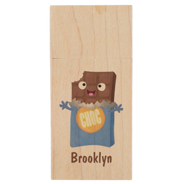Cute happy chocolate candy bar cartoon character wood flash drive (Front Vertical)