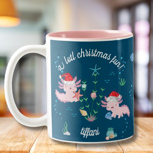 Cute Happy Christmas Axolotl Decorating Tree Two_Tone Coffee Mug