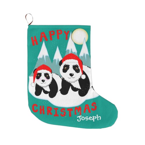 Cute Happy Christmas Panda Bears Personalized Large Christmas Stocking