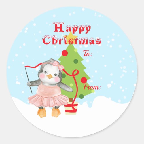 Cute Happy Christmas Penguin Ballerina Gift Classic Round Sticker