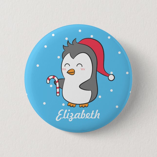 Cute Happy Christmas Penguin Candy Cane For Kids Button (Front)