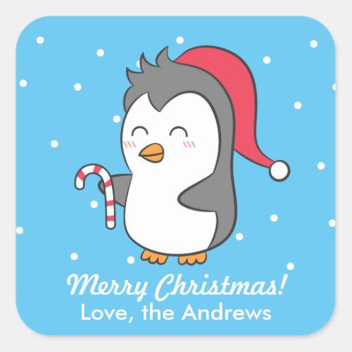 Cute Happy Christmas Penguin Candy Cane Greeting Square Sticker