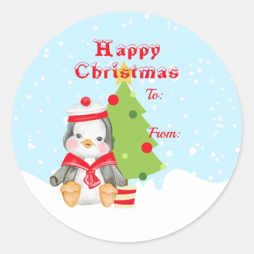 Cute Happy Christmas Penguin Sailor Gift Classic Round Sticker