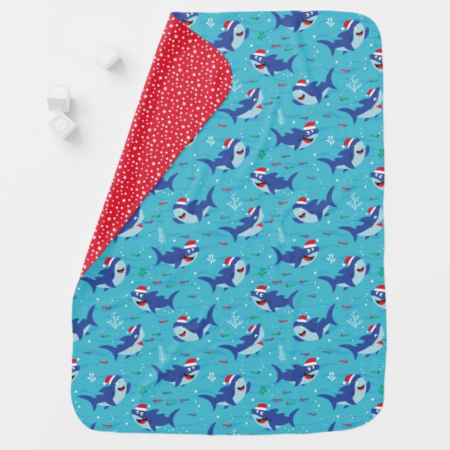 Cute Happy Christmas Sharks on blue Baby Blanket (In Situ)