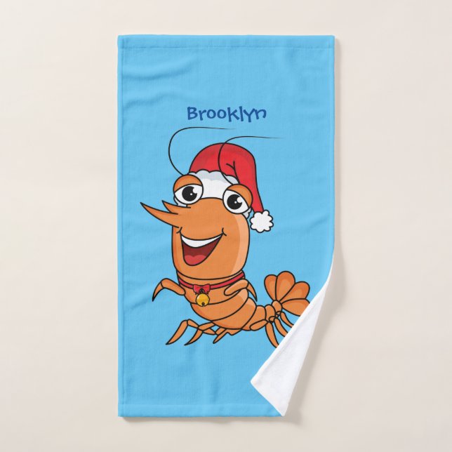 Cute happy Christmas shrimp cartoon illustration Bath Towel Set (Hand Towel)