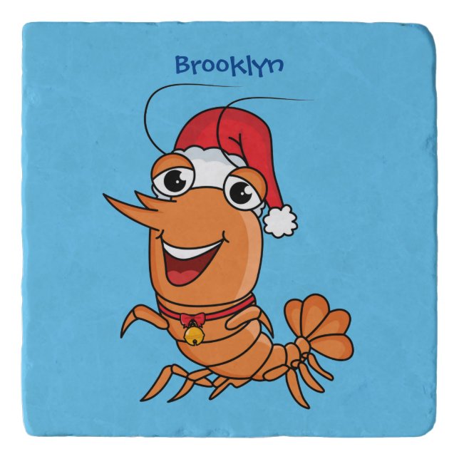 Cute happy Christmas shrimp cartoon illustration Trivet (Front)