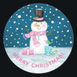 Cute Happy Christmas Snowman Sticker<br><div class="desc">A cute snowman with a pink scarf decorates this Christmas sticker. A fun accent to your Christmas gift wrapping. Designed for you by Blackberry Boulevard.</div>