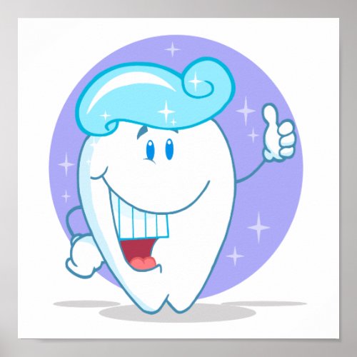 cute happy clean sparkling tooth cartoon character poster
