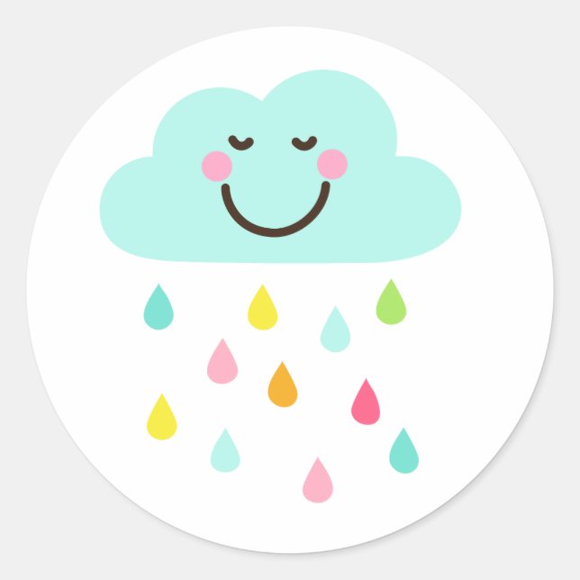 Cute happy cloud with colorful raindrops classic round sticker (Front)