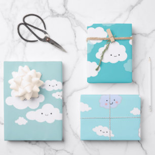 Cute Happy Clouds Blue Wrapping Paper Sheets