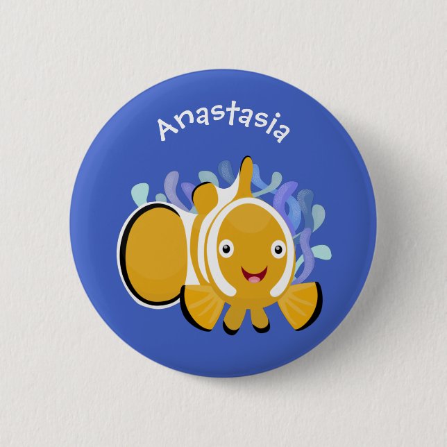 Cute happy clownfish anenome cartoon button (Front)